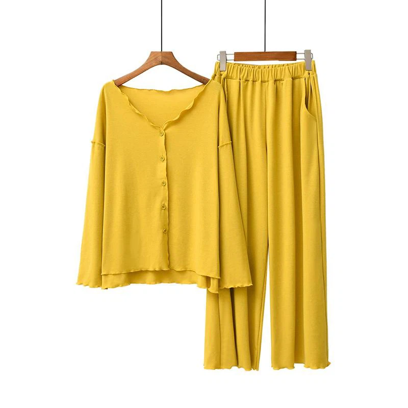 Modal Cardigan Pajama Set With Ruffled Trim